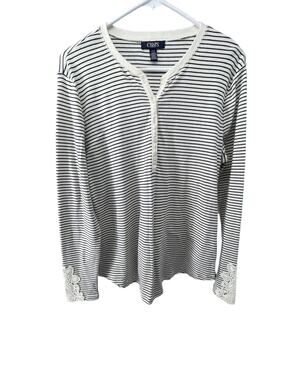 Chaps Black & White Striped Lace Trim Henley Blouse Women's Size Large